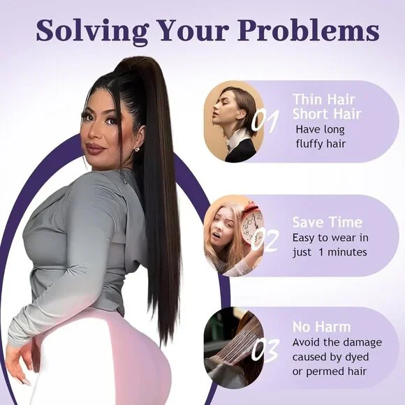 Drawstring Ponytail Extension Long Straight Clip-In Hairpiece for Women Black - Picture 5 of 7